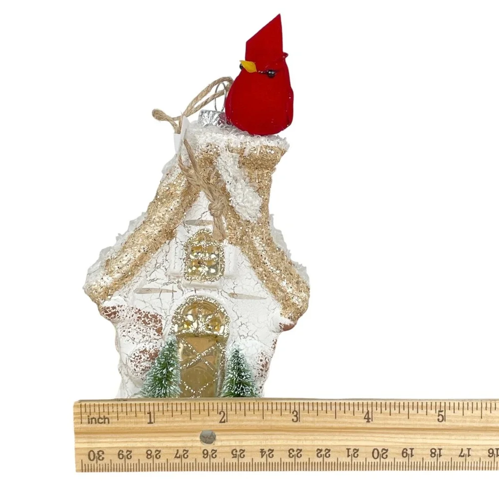 Pottery Barn Glass Christmas Cottage Ornament Red Cardinal Trees Glitter Trim